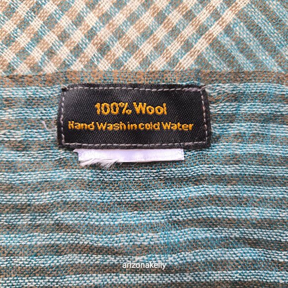 Wool Scarf Lightweight Checks Stripes Green Tan White - Picture 2 of 14